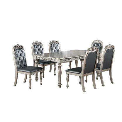 Formal Silver Grey 7-Piece Dining Set with 6 Side Chairs,  Intricate Carved Design, Tufted Back and Cushioned Seats