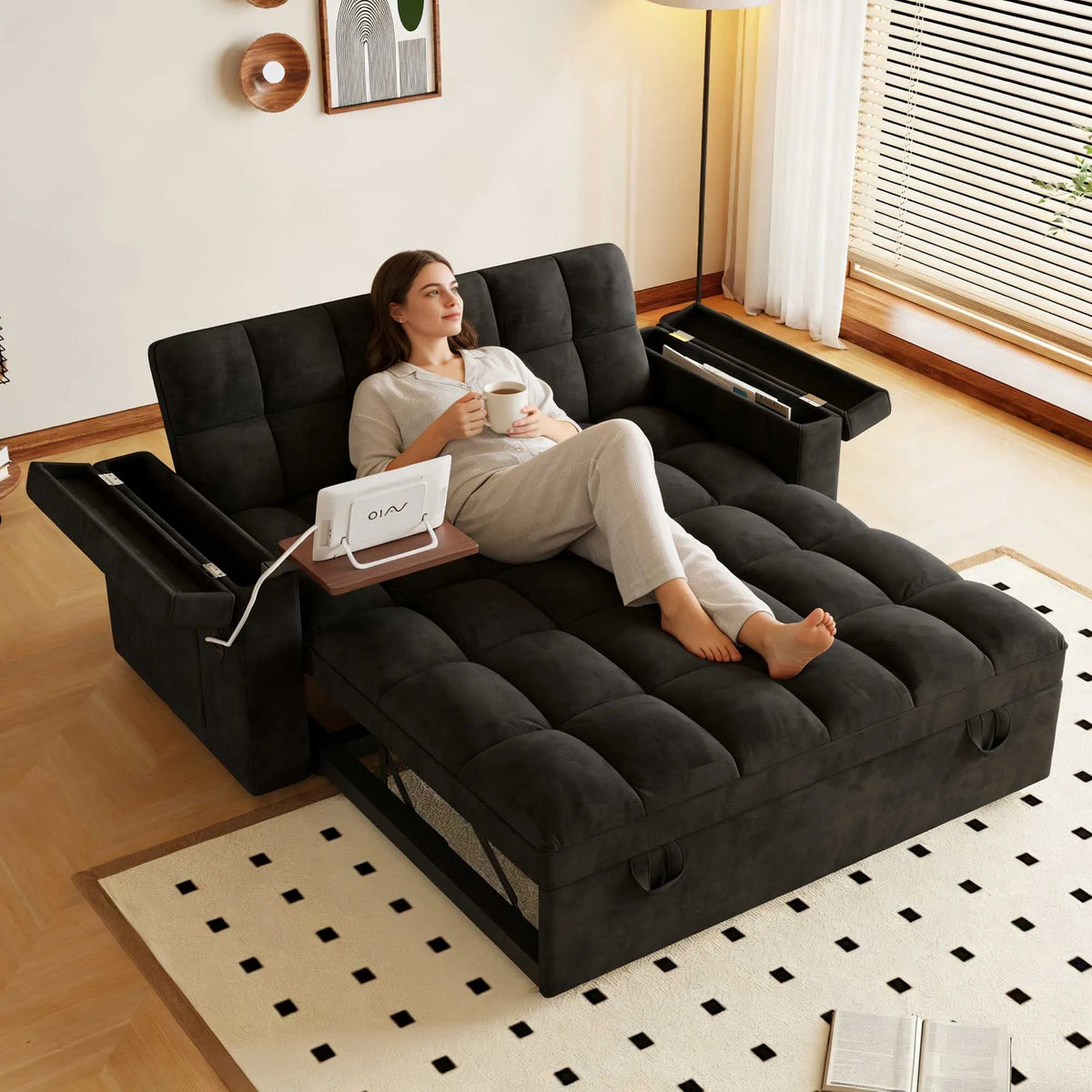 3-in-1 Foldable Velvet Sofa Bed with USB Charging Port, Table Board and Storage Armrests, Adjustable Backrest Sleeper Couch for Living Room Apartment Guest Room, Black