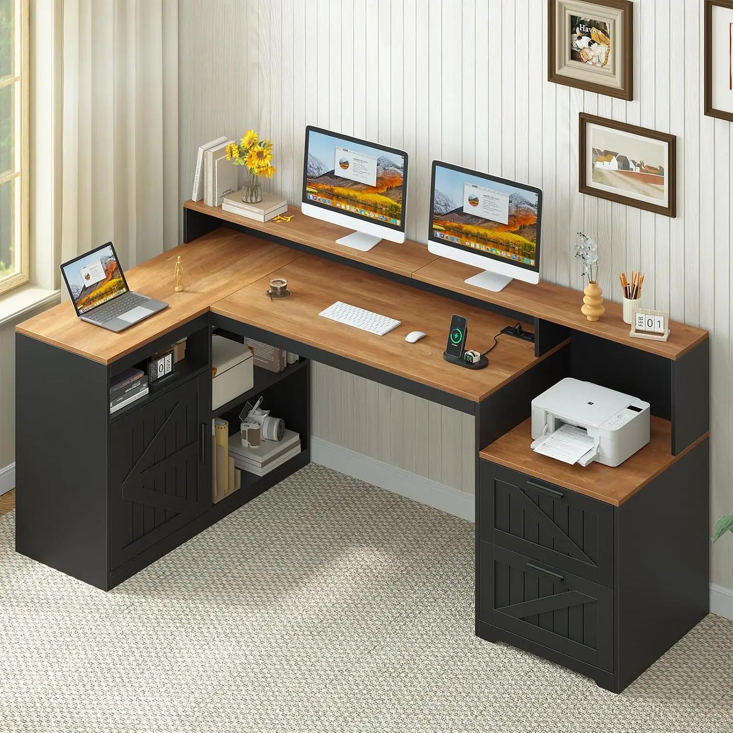 62.2" Farmhouse L Shaped Home Office Desk, Drawers, Storage Shelves & Power Outlet