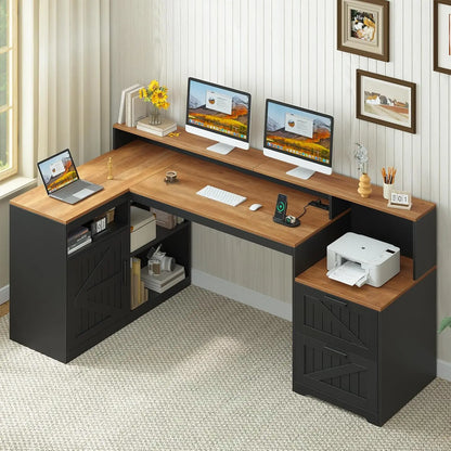 62.2" Farmhouse L Shaped Home Office Desk, Drawers, Storage Shelves & Power Outlet