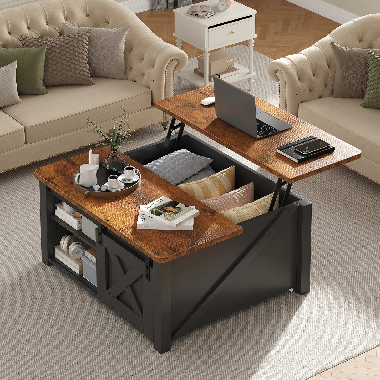 31.5IN Wood Lift Top Coffee Table  Square Living Room Adjustable Storage Shelf Easy Lift Or Lower For Tea Dining Tables