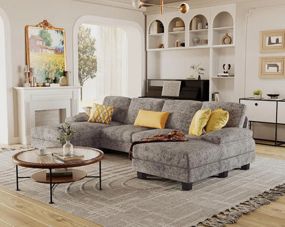 U-Shaped Sofa Couch with Linen Fabric, 4 Seat Sofa Set with Double Chaise