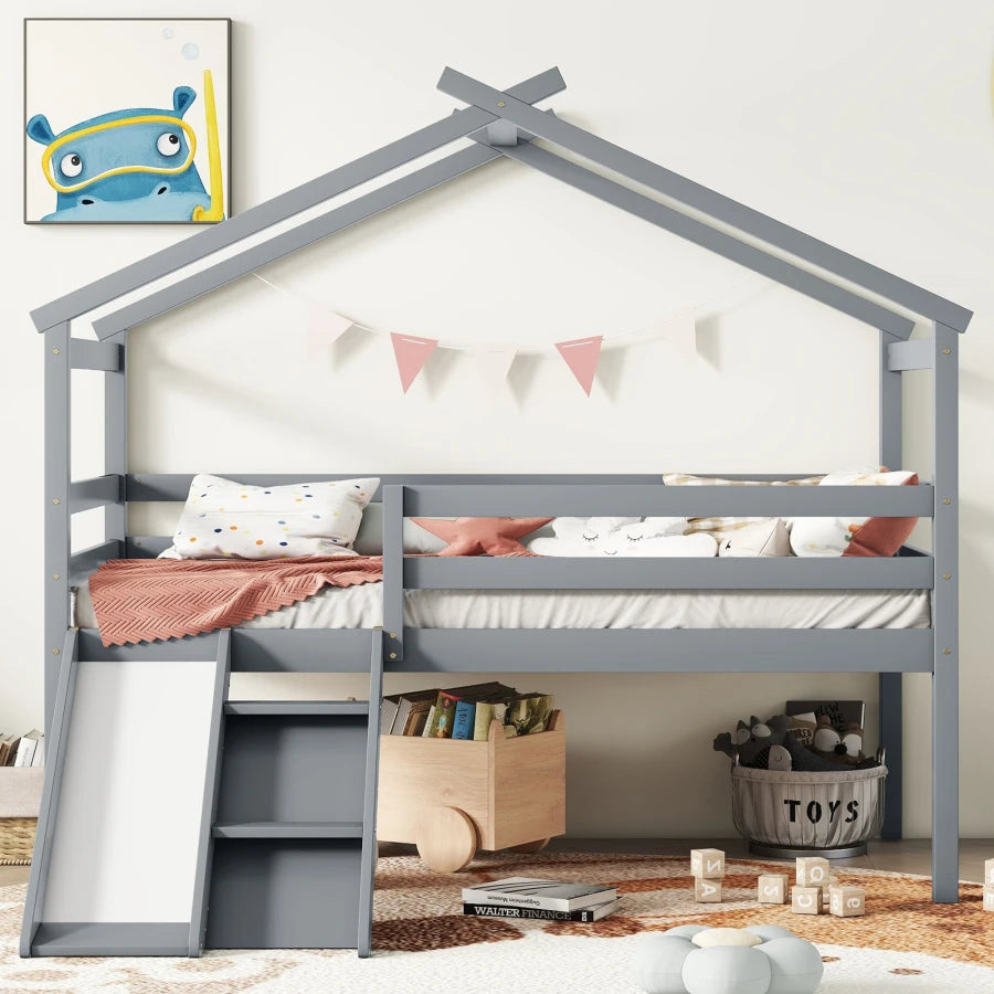 Twin Low Loft House Bed with Slide, Ladder, Safety Guardrails, House Roof Frame
