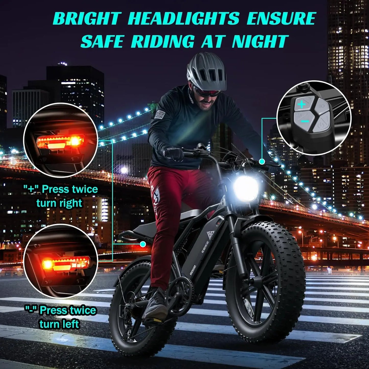 1500W e-bike, 20" fat tires, 60-100mile range, 28MPH, 48V 15Ah battery, for all terrains.