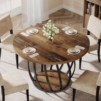 Round Dining Table, 46-Inch(118cm)Wood Kitchen Table with Sturdy Metal Base for 4-6 People,Rustic Brown