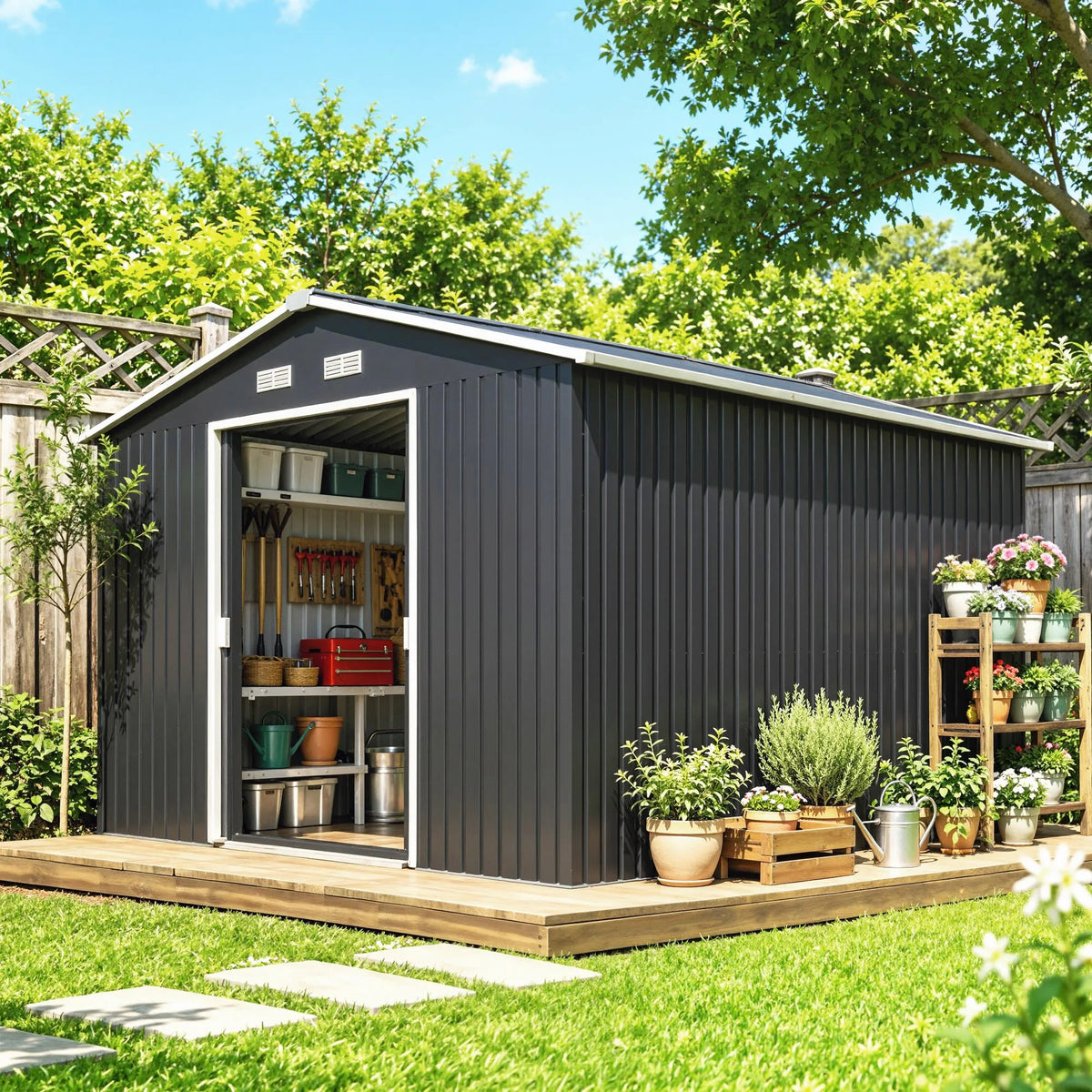 11' x 9' Steel Outdoor Utility Storage Tool Shed Kit for Backyard Garden, Grey