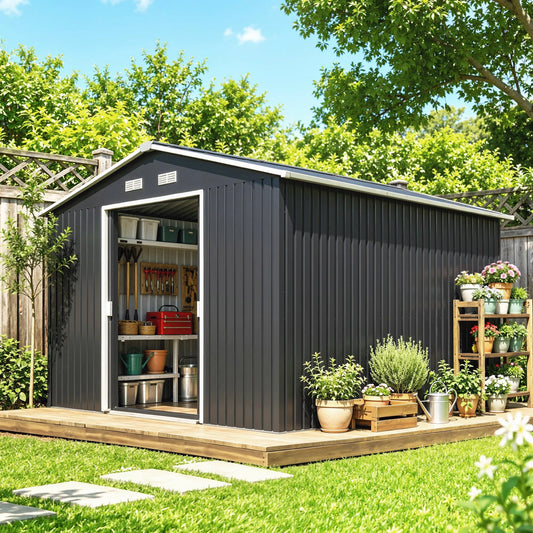 11' x 9' Steel Outdoor Utility Storage Tool Shed Kit for Backyard Garden, Grey