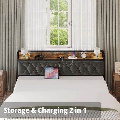 Twin/TwinXL/Full/Queen/King/California King Bed Frames, Storage Headboard with Outlets,  No Box Springs Needed
