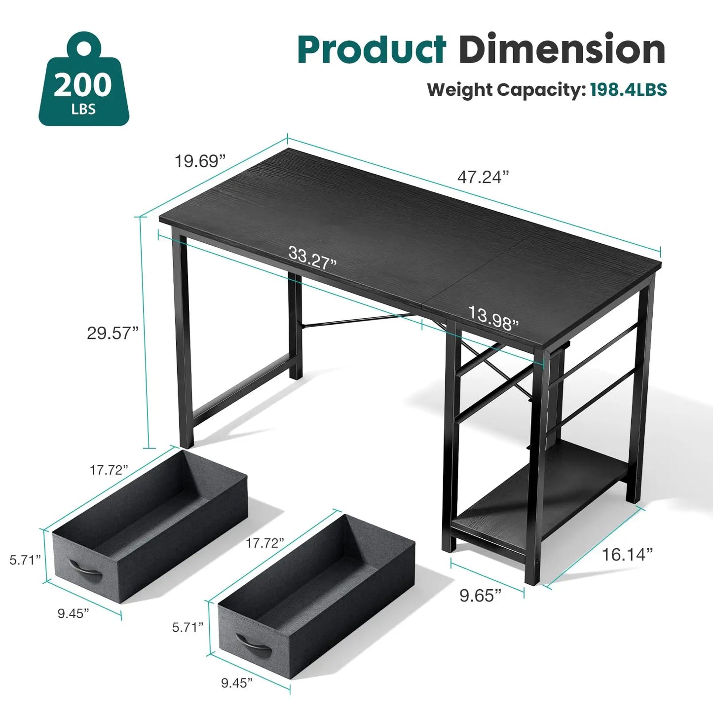 47IN Computer Desk with 2 Drawers For Study Wood Table with Adjustable Position Drawers Modern Work Table for Office or Gaming