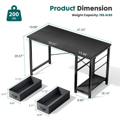 47IN Computer Desk with 2 Drawers For Study Wood Table with Adjustable Position Drawers Modern Work Table for Office or Gaming