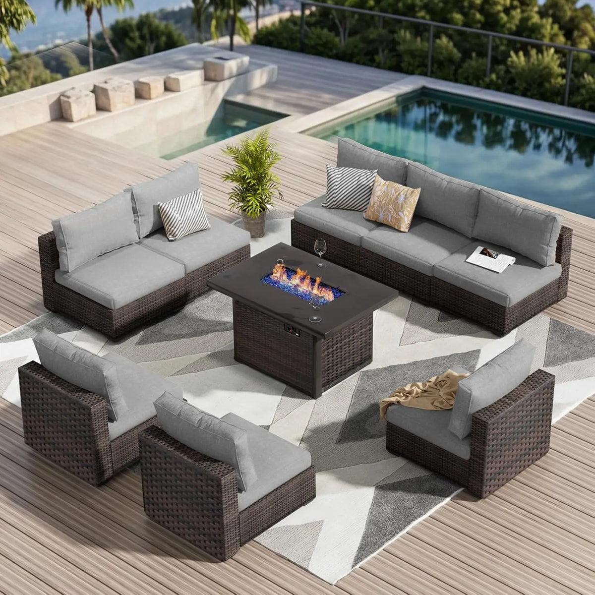 9 Pieces Outdoor Sectional Patio Furniture Set with Fire Pit Table PE Rattan Wicker Patio Sectional Armless, Customized