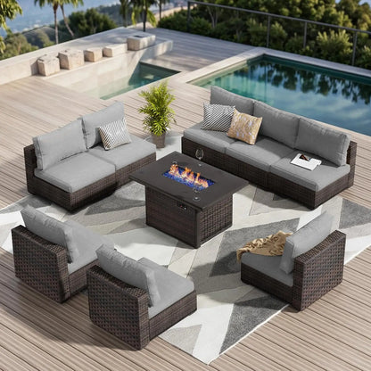 9 Pieces Outdoor Sectional Patio Furniture Set with Fire Pit Table PE Rattan Wicker Patio Sectional Armless, Customized
