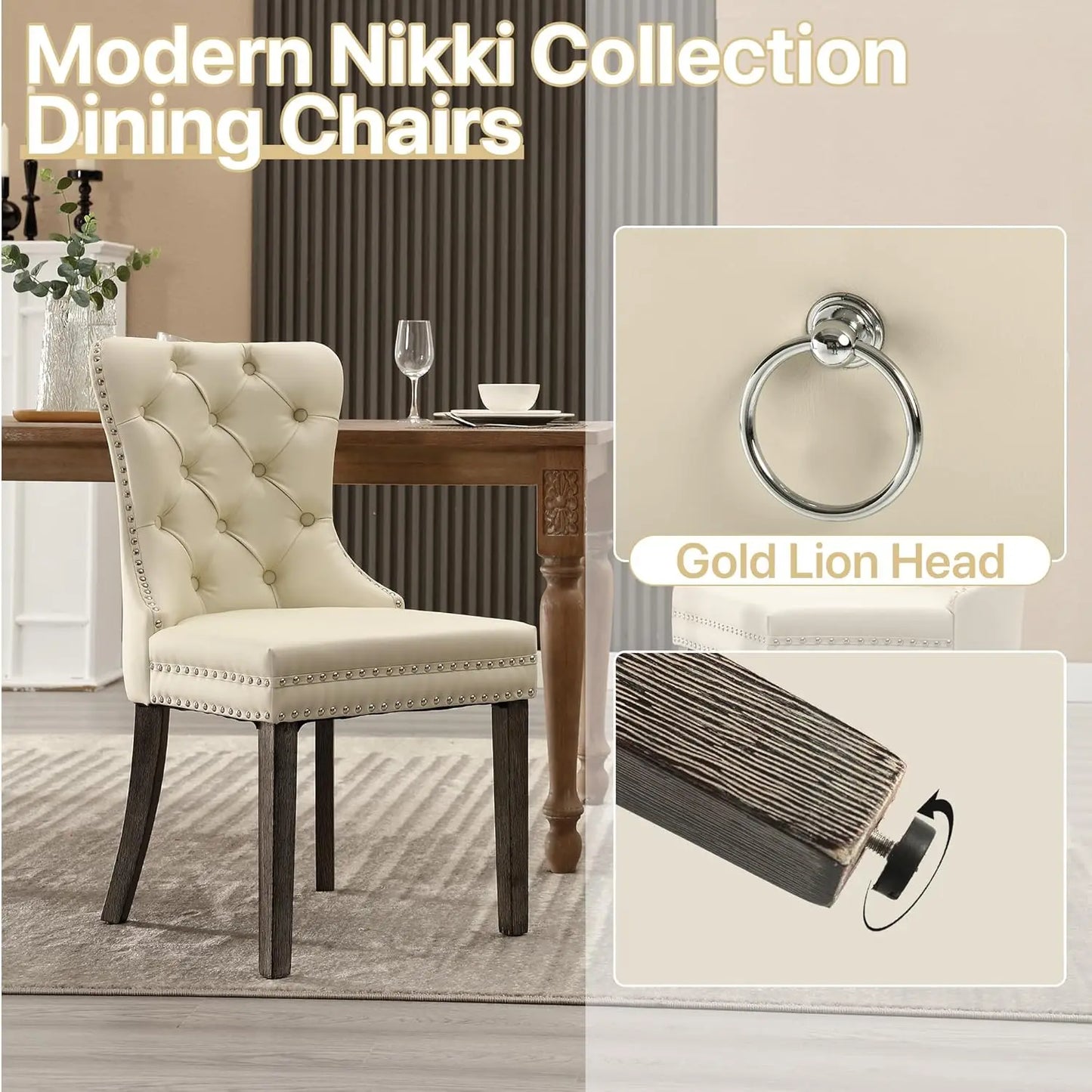 Leather Dining Chairs with Solid Wood Legs and Pull Ring, Luxury, Customized Set of 6