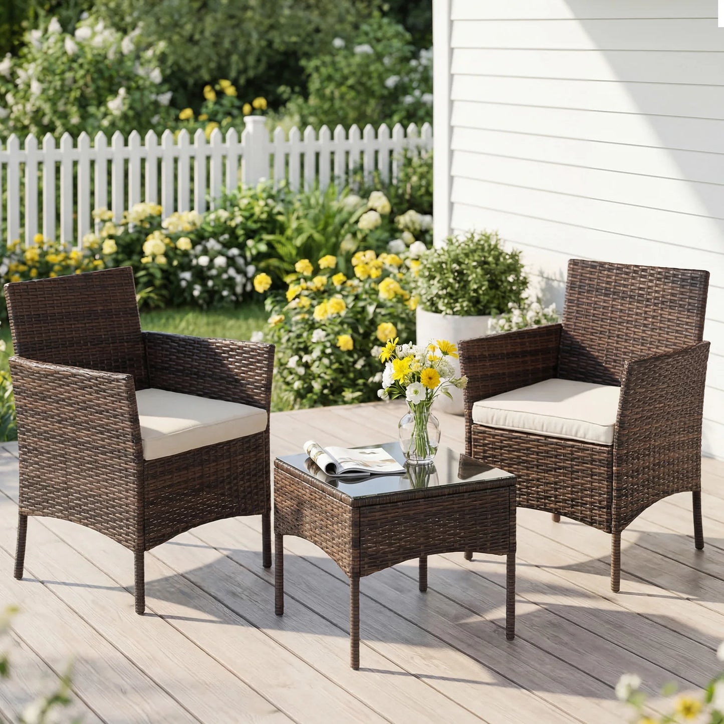 3 Piece Outdoor Patio Furniture Set Wicker Rattan Patio Chairs with Soft Cushion and Glass Table For Garden