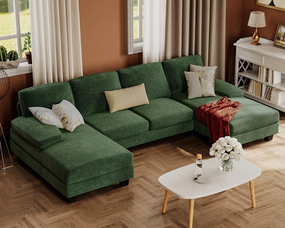 U-Shaped Sofa Couch with Linen Fabric, 4 Seat Sofa Set with Double Chaise