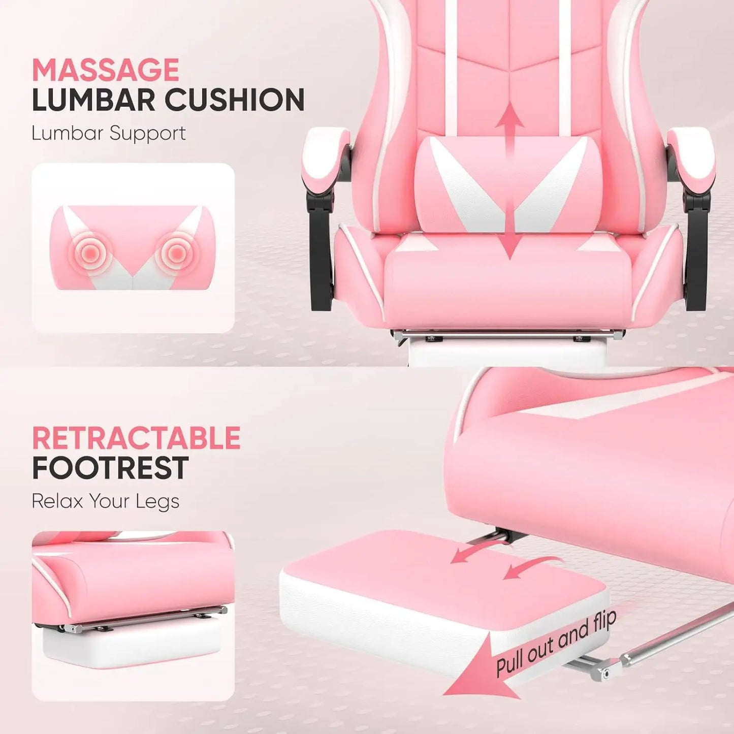 Pink Ergonomic Gaming Chair with Bunny Ears Footrest Headrest Lumbar Support for Home Office