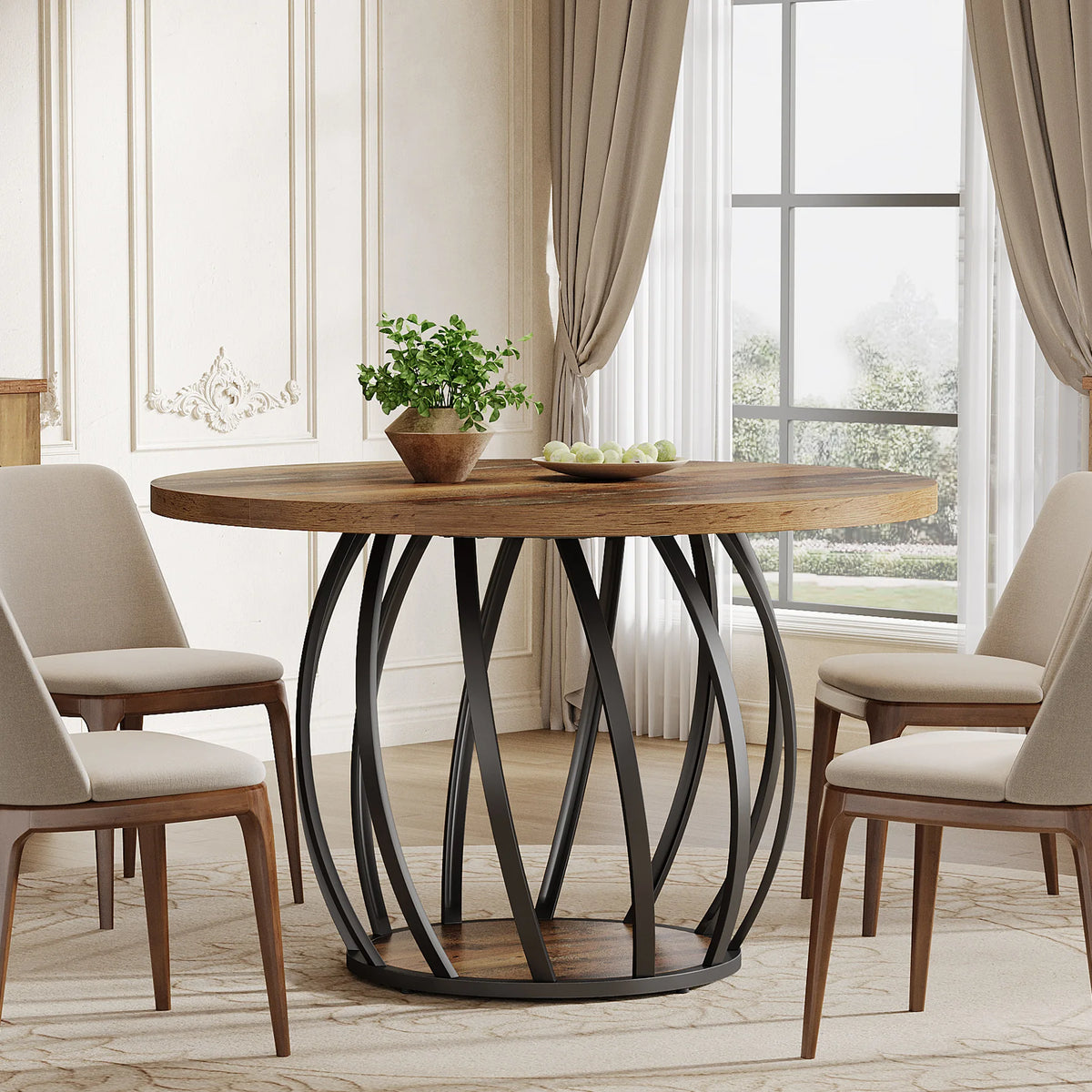 Round Dining Table, 46-Inch(118cm)Wood Kitchen Table with Sturdy Metal Base for 4-6 People,Rustic Brown