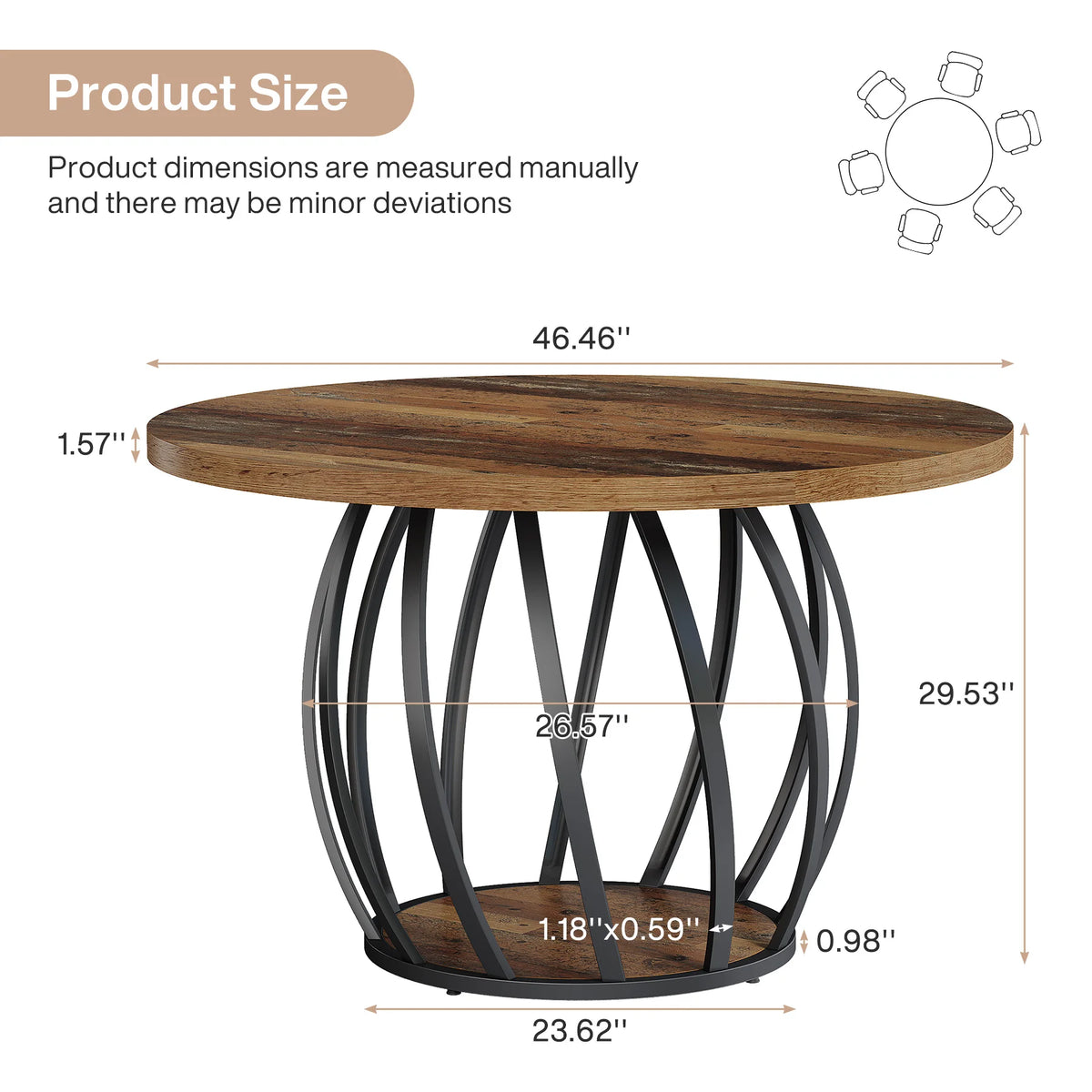 Round Dining Table, 46-Inch(118cm)Wood Kitchen Table with Sturdy Metal Base for 4-6 People,Rustic Brown