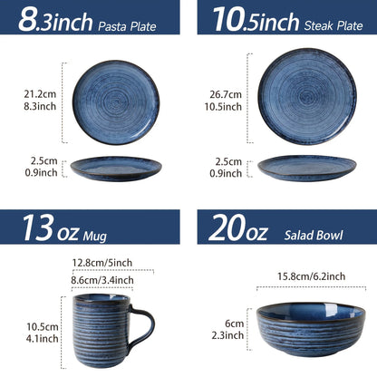 16pcs Blue Threaded Ceramic Dinnerware Set - A Reactive Change Glaze Dish Set Including Plates, Pasta Bowls, Soup Bowls, And Mugs, Serving 4 People, High Quality Stoneware Suitable for Gifting, Valentine's Day, Parties, And W