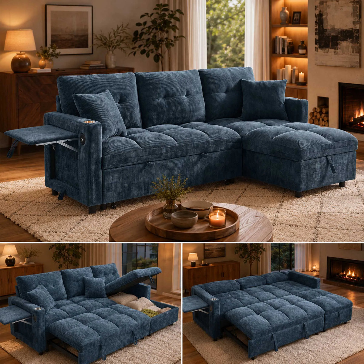 L-Shaped Sleeper Sofa with Pull Out Bed, Convertible Sectional Couch with Storage Chaise, USB/Type-C Charging and Cup Holders, Plush Chenille Modular Sofa for Living Room, Blue