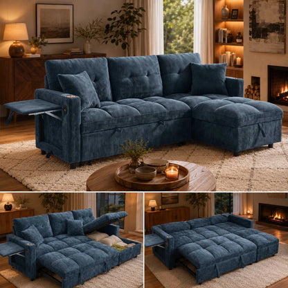 L-Shaped Sleeper Sofa with Pull Out Bed, Convertible Sectional Couch with Storage Chaise, USB/Type-C Charging and Cup Holders, Plush Chenille Modular Sofa for Living Room, Blue