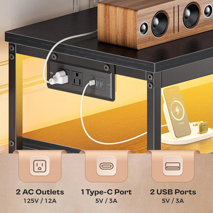 63 Inch LED TV Stand with Power Outlets, Fabric Drawers TV Stand