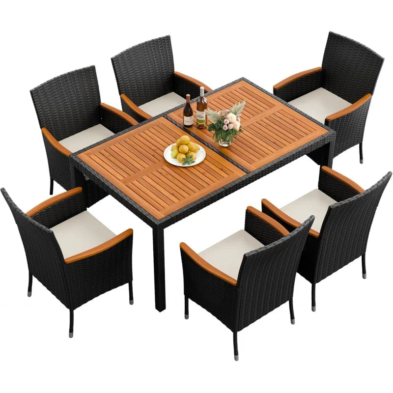 7 Piece Acacia Wood Patio Dining Furniture Set, Wicker Chairs with Comfort Cushions