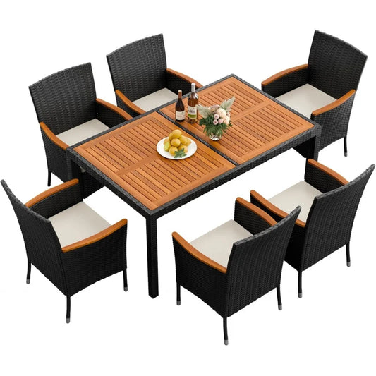 7 Piece Acacia Wood Patio Dining Furniture Set, Wicker Chairs with Comfort Cushions