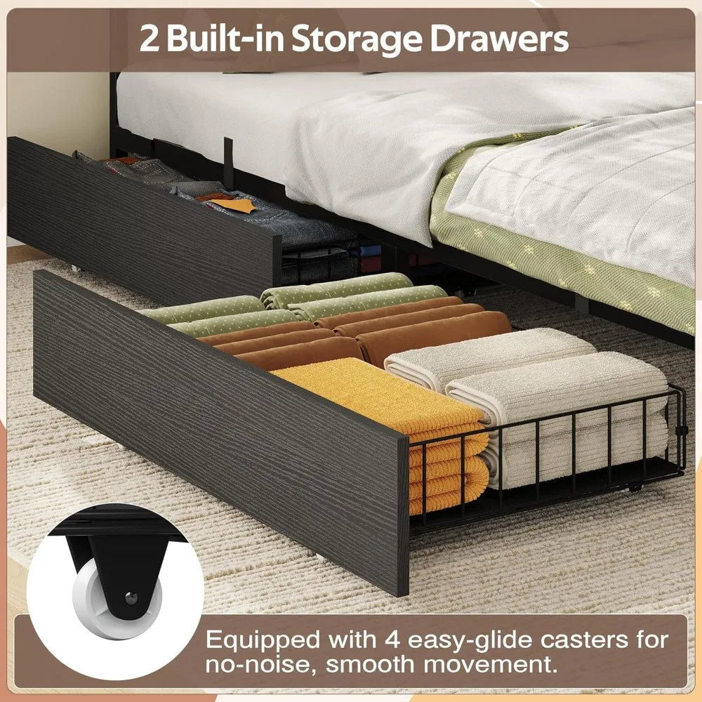 Corner Bed Frame with Storage Desk, Upholstered Headboard, 4 Drawers, 6 Bookcase, LED Lights, Charging Station, Black