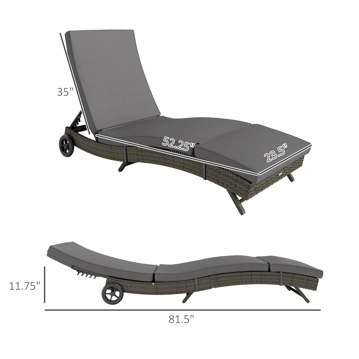 Outdoor Reclining Lounge Chair, PE Wicker, Rolling Wheels, Patio, Grey