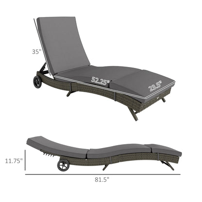 Outdoor Reclining Lounge Chair, PE Wicker, Rolling Wheels, Patio, Grey