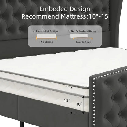 Velvet Tufted King  Size Bed Frame  with Wingback Headboard & Footboard,