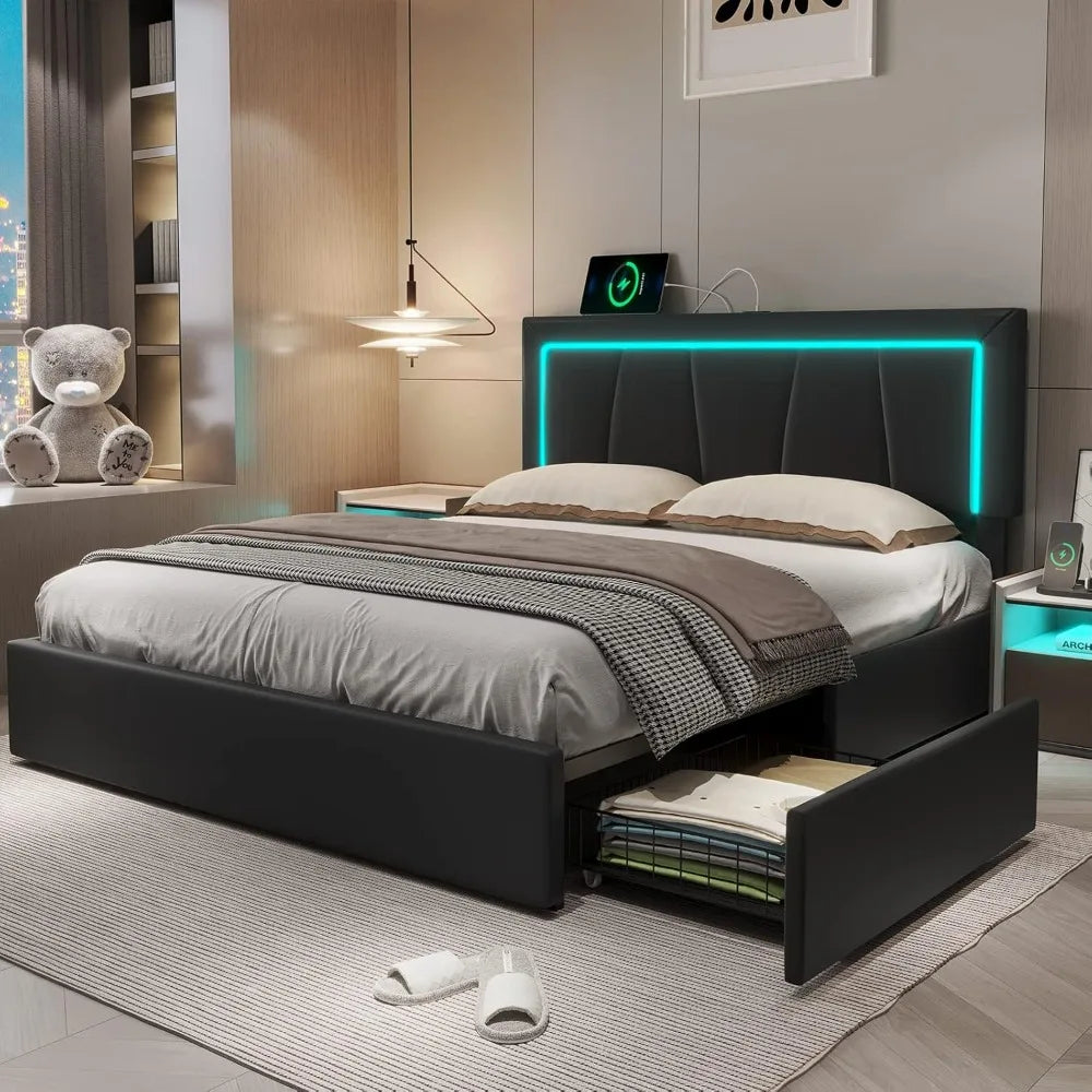 Queen Size Platform Bed  with Artificial Leather Headboard with 4 Storage Drawers Underneath