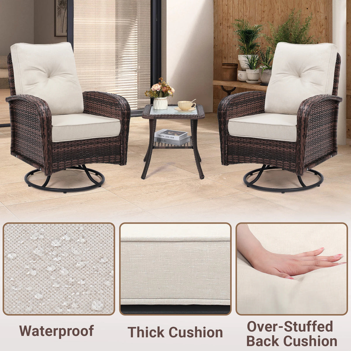 Swivel Wicker Chairs With Side Table Outdoor Patio Furniture Set Washable Thick Cushion For Balcony Deck Garden