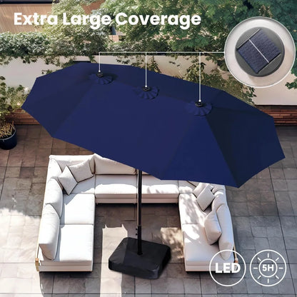 15ft Large Patio Umbrella with Solar Lights, Double-Sided Outdoor Market Rectangle Umbrellas with 36 LED Lights, Umbrella Base