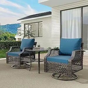 3 Piece Outdoor  Wicker Patio Bistro Set with Thickened 25D Cushions and Glass Coffee Table, Swiveling Chairs