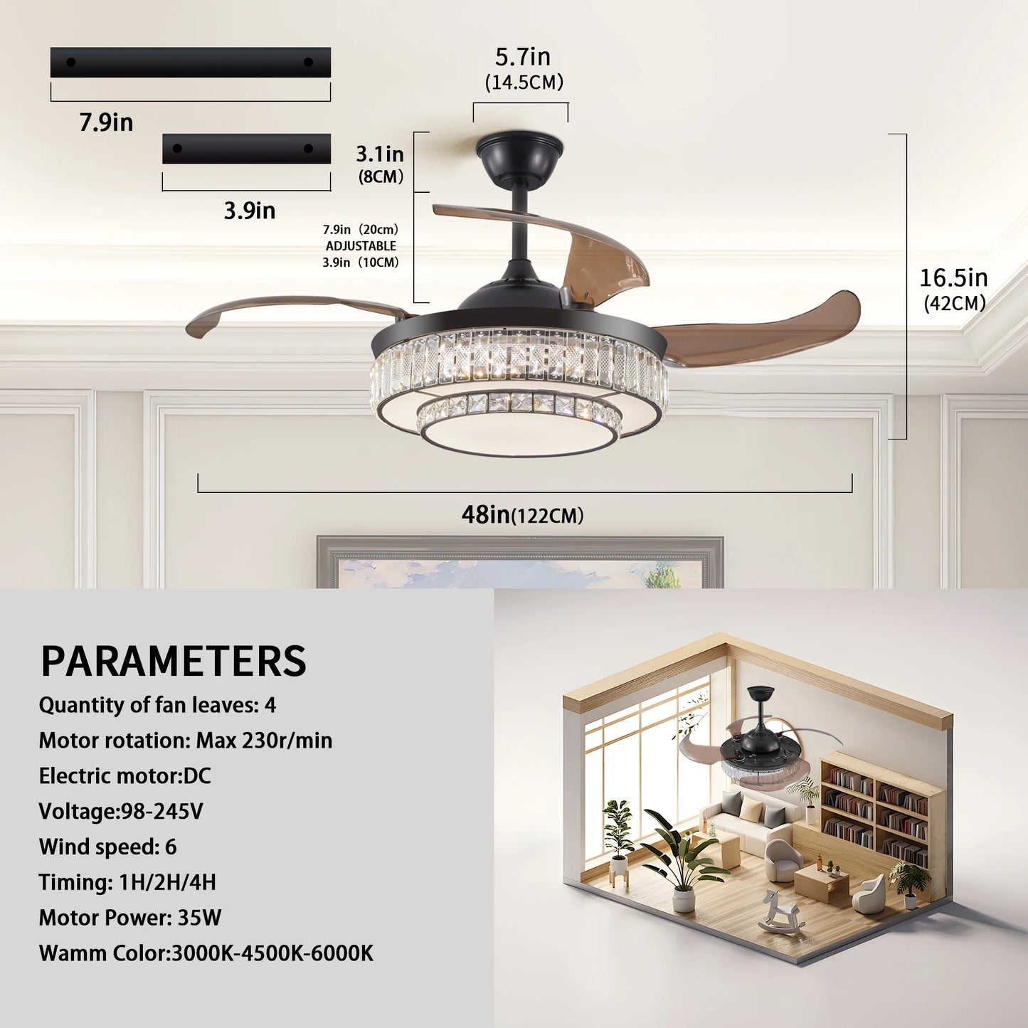 Luxurious Crystal Ceiling Fan Light,  Remote Control Folding Fan Light with Timer Function, Adjustable Color Lighting