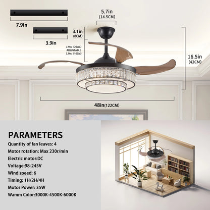 Luxurious Crystal Ceiling Fan Light,  Remote Control Folding Fan Light with Timer Function, Adjustable Color Lighting