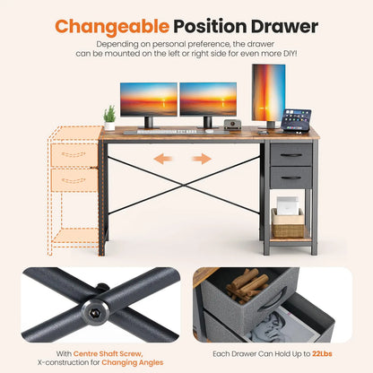 47IN Computer Desk with 2 Drawers For Study Wood Table with Adjustable Position Drawers Modern Work Table for Office or Gaming