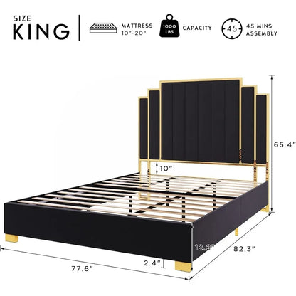 King Size Bed Frame, Upholstered  with Golden Plating Trim,