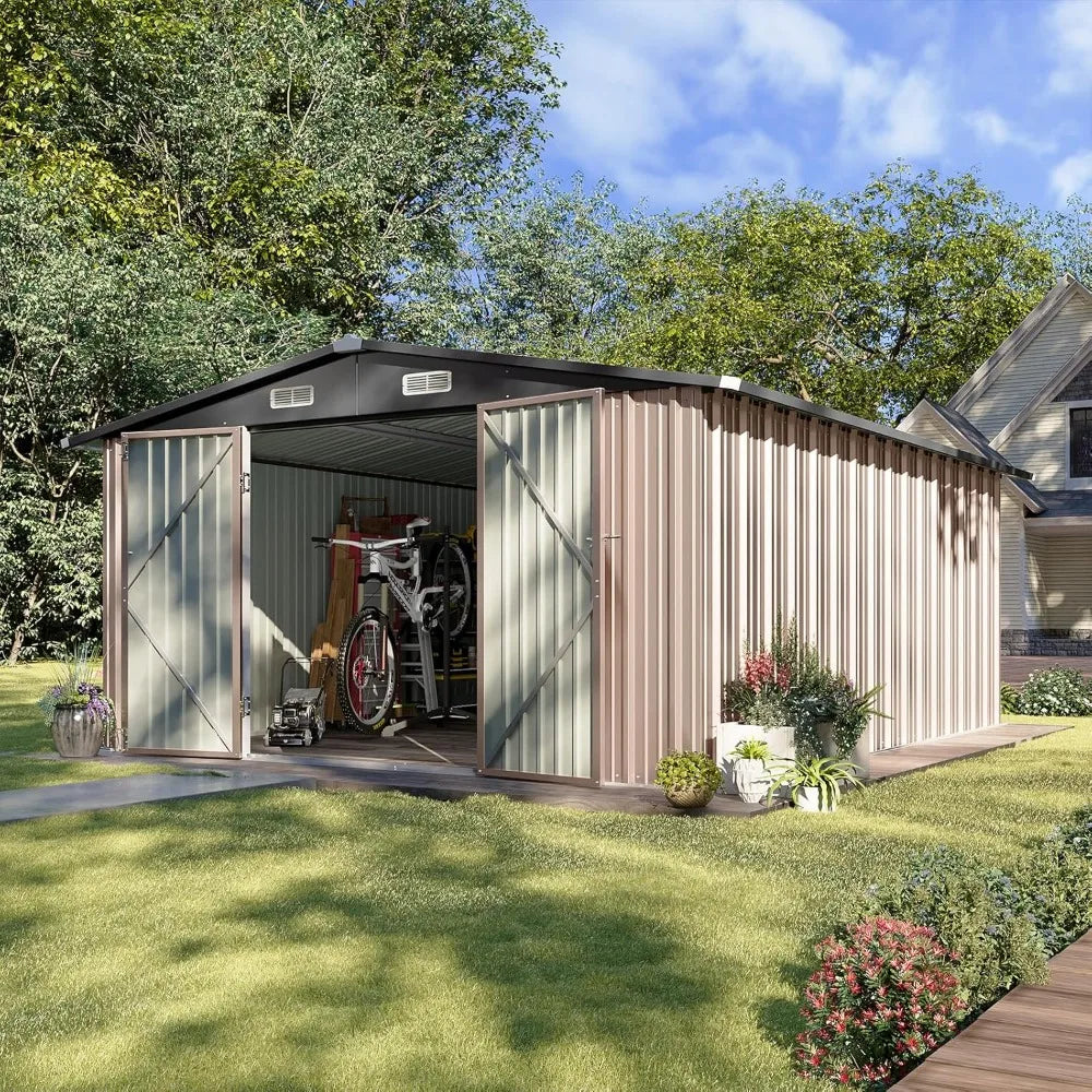 10x12 FT Outdoor Storage Shed with Double Hinged Large Door Garden Utility Shed Lockable Sloped Roof Metal Backyard Patio