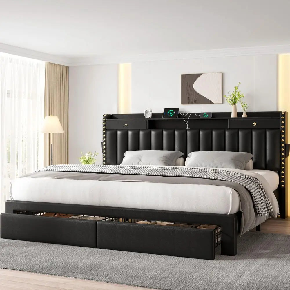 Upholstered King Bed Frame with 4Storage Drawers, 3 USB amp TypeC Charging P