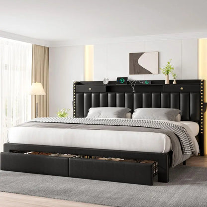 Upholstered King Bed Frame with 4Storage Drawers, 3 USB amp TypeC Charging P
