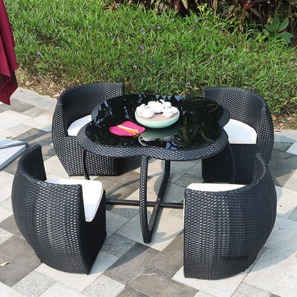 Outdoor Patio Tables and Chairs Set  Waterproof Tempered Glass Tea Table  Rattan Chairs