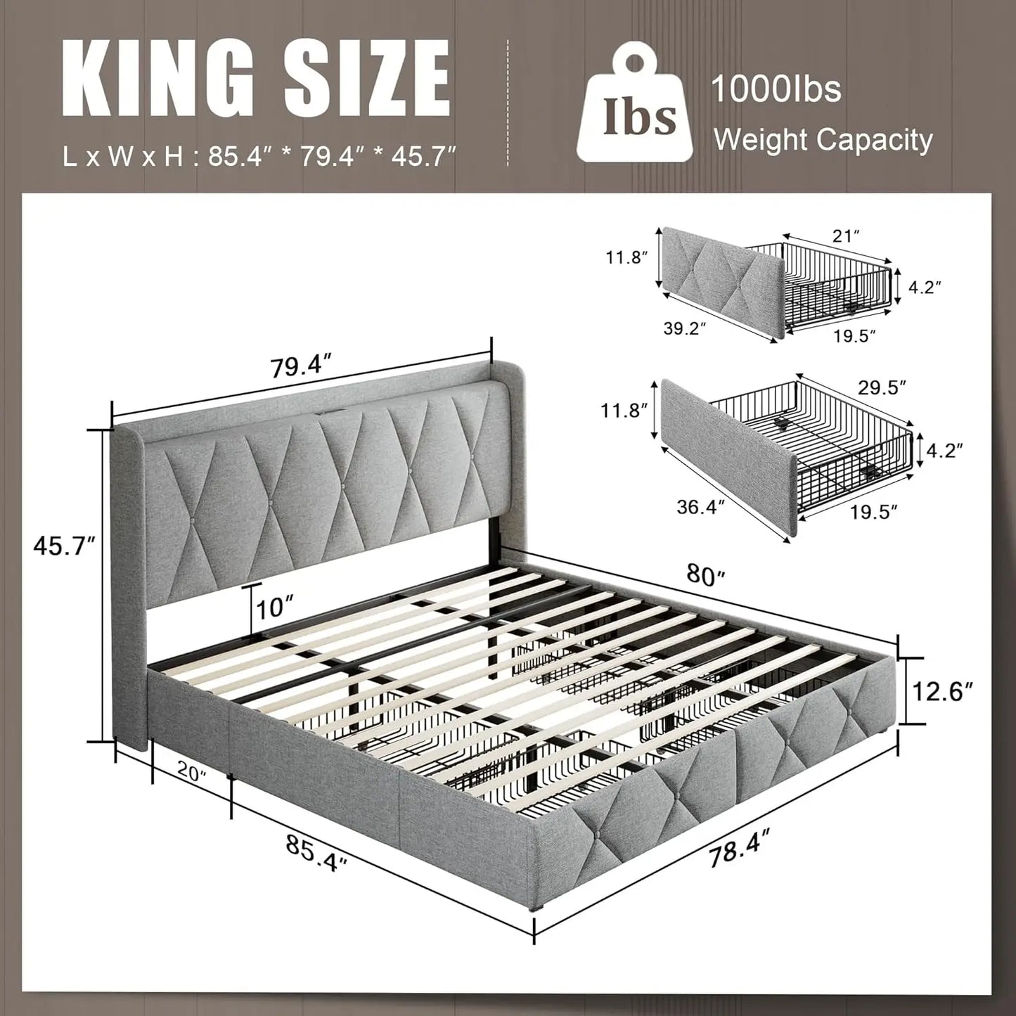 Upholstered Platform Bed Frame Frame with 4 Storage Drawers and Charging Station