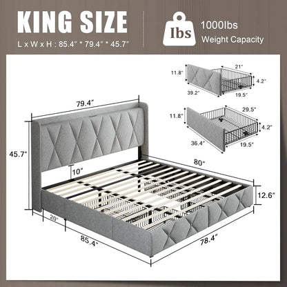 Upholstered Platform Bed Frame Frame with 4 Storage Drawers and Charging Station
