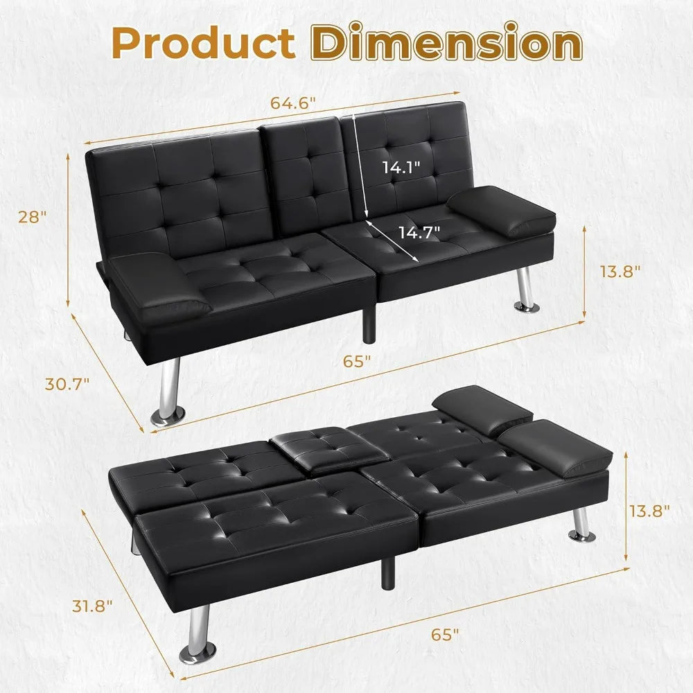 Futon Sofa Bed  Faux Leather Couch for Living Room with 2 Cup Holders and Armrest