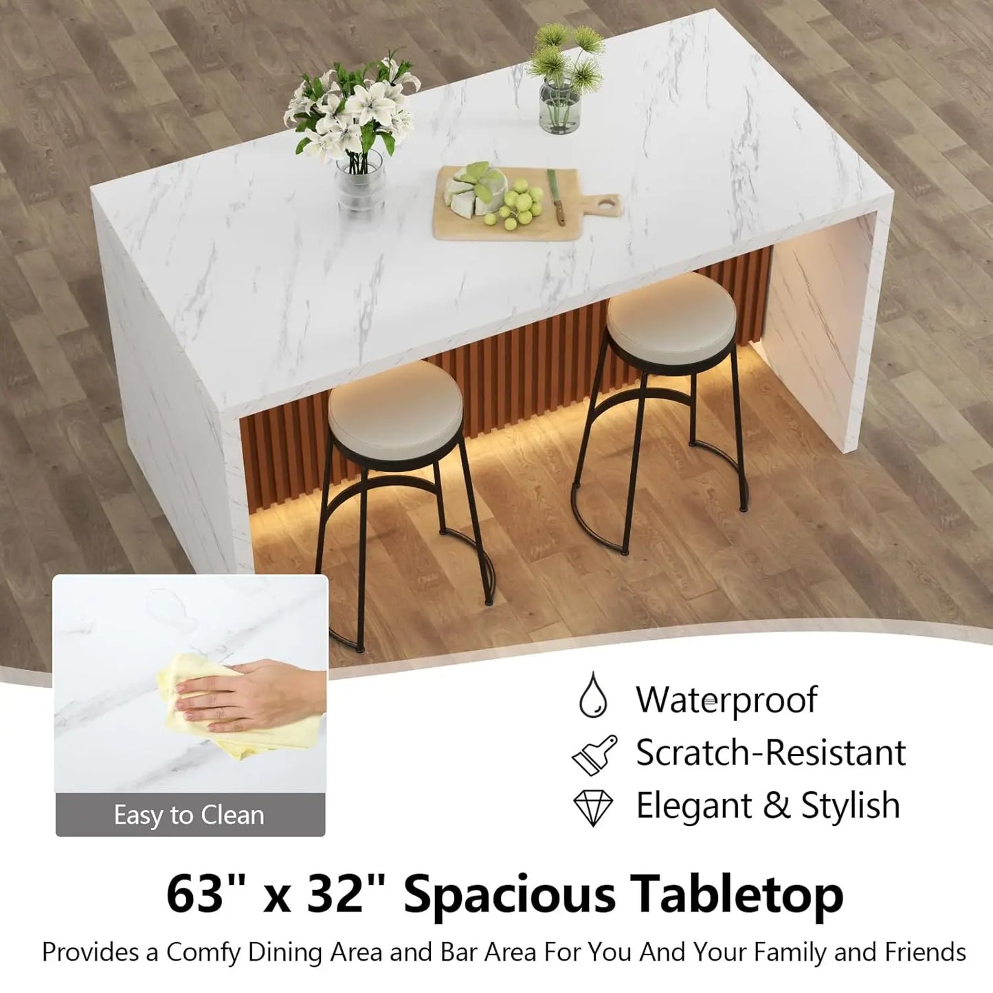63" Large Imitation Marble Dining Table for 4-6 People with LED Lights