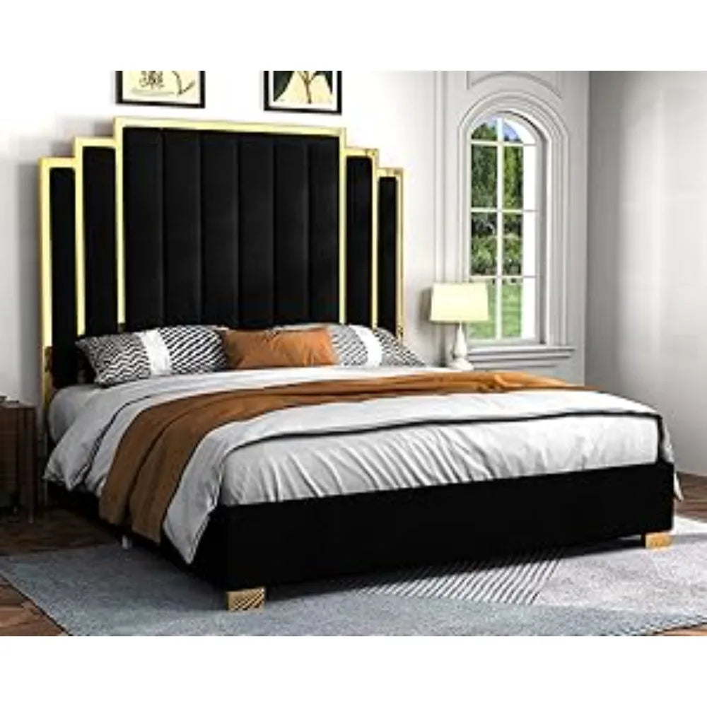 King Size Bed Frame, Upholstered  with Golden Plating Trim,