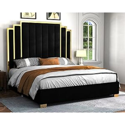 King Size Bed Frame, Upholstered  with Golden Plating Trim,